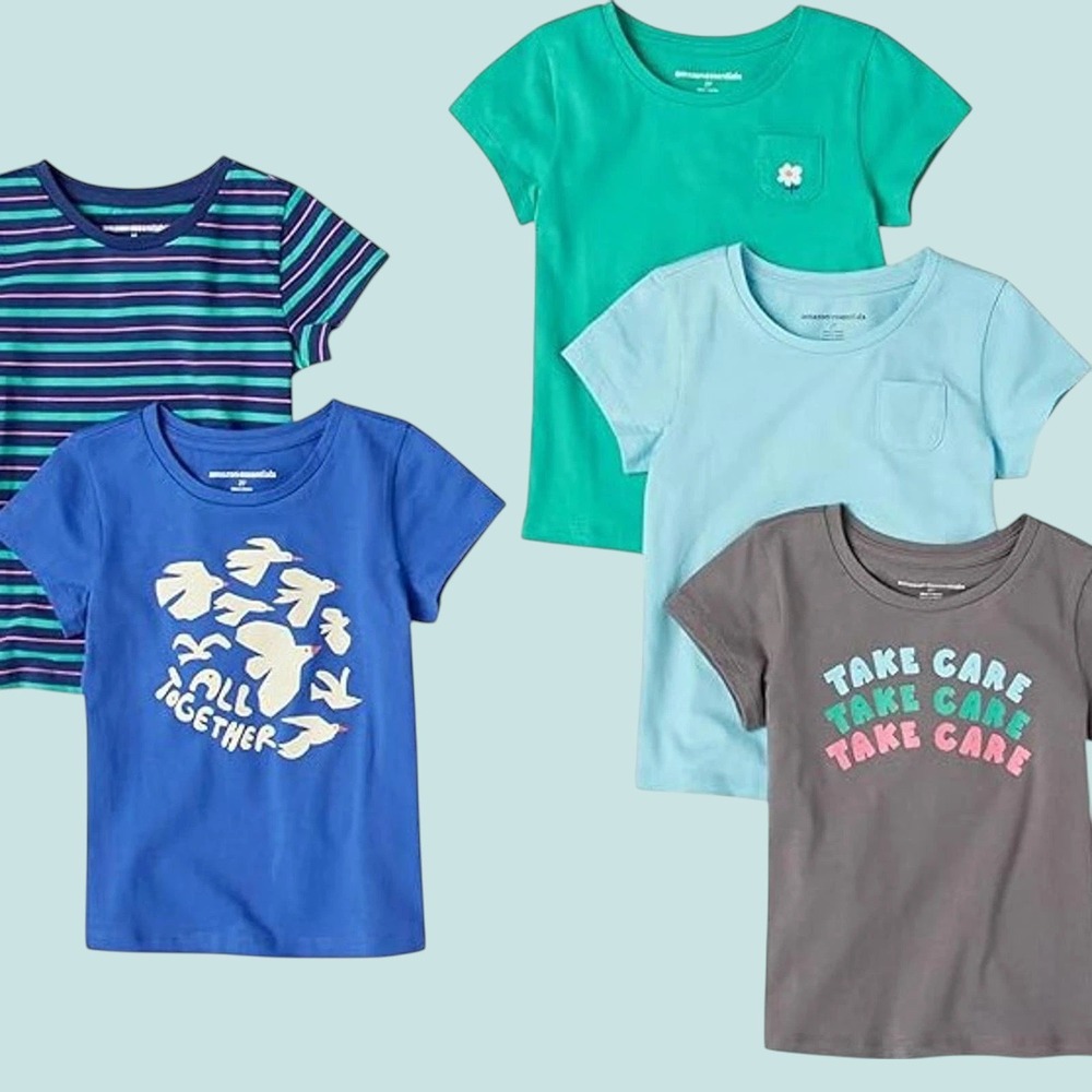 Amazon Essentials Girls 5 Pack Short Sleeve T-Shirts Blue Green Grey Stripe M(8)